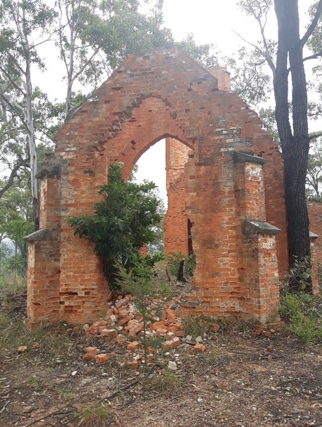 a photo of the remains of a brick church in an australian gum forest