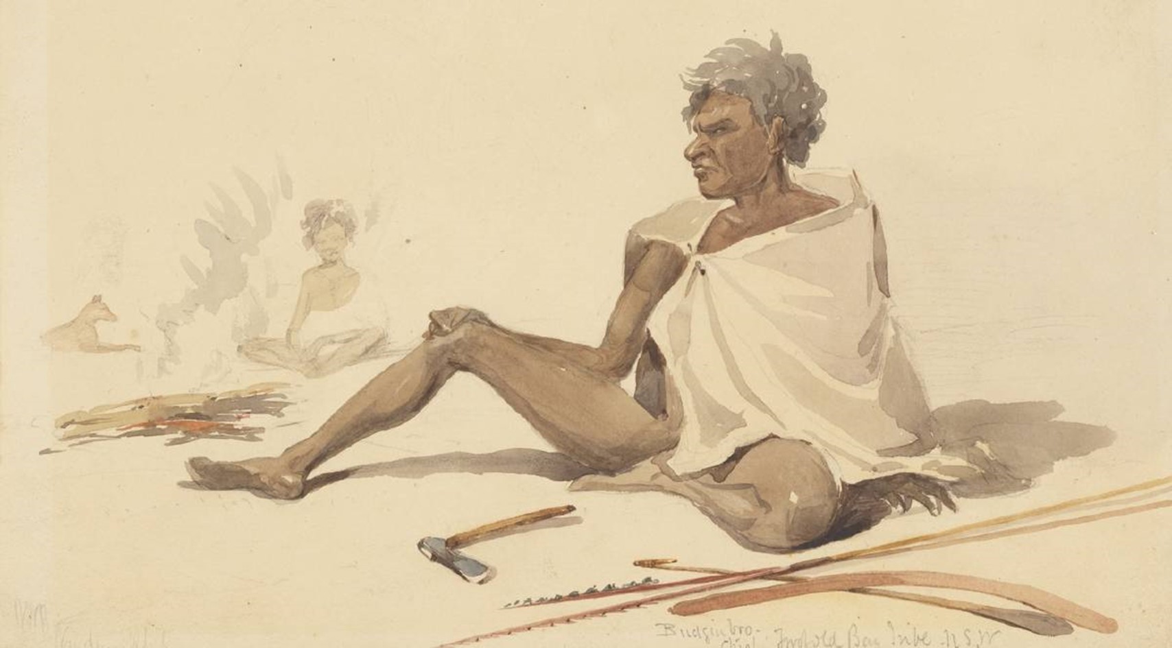 a painting of a seated individual with various tools on the ground around them, such as a boomarang and axe, and another figure in the background