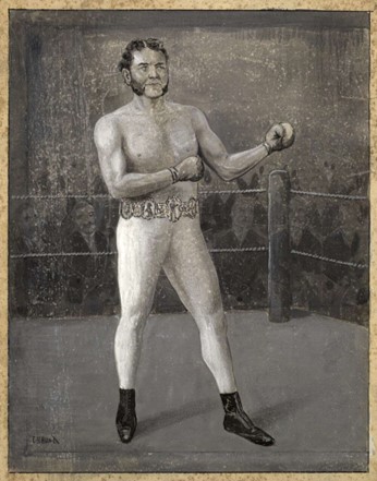 man in boxing pants and with boxing gloves (along with a smacking pair of mutton chops)